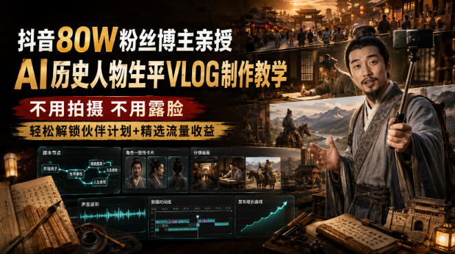 抖音80W粉丝博主的AI历史人物生平VLOG教学,不用拍摄不用露脸,AI帮你搞定,轻松解锁伙伴计划+精选收益-优优云创网