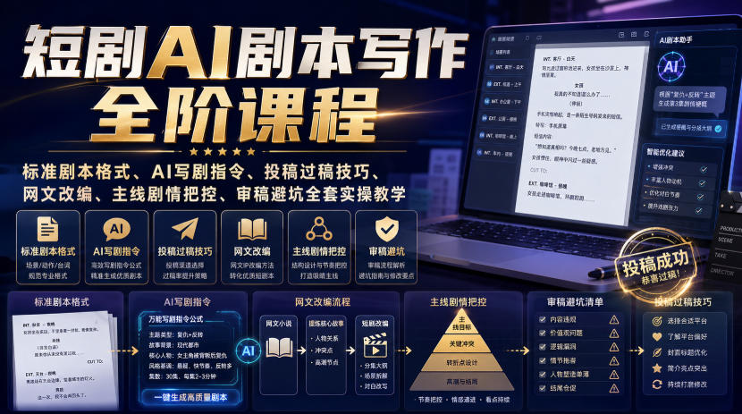 短剧AI剧本写作全阶课程｜标准剧本格式、AI写剧指令、投稿过稿技巧、网文改编、主线剧情把控、审稿避坑全套实操教学-优优云创网