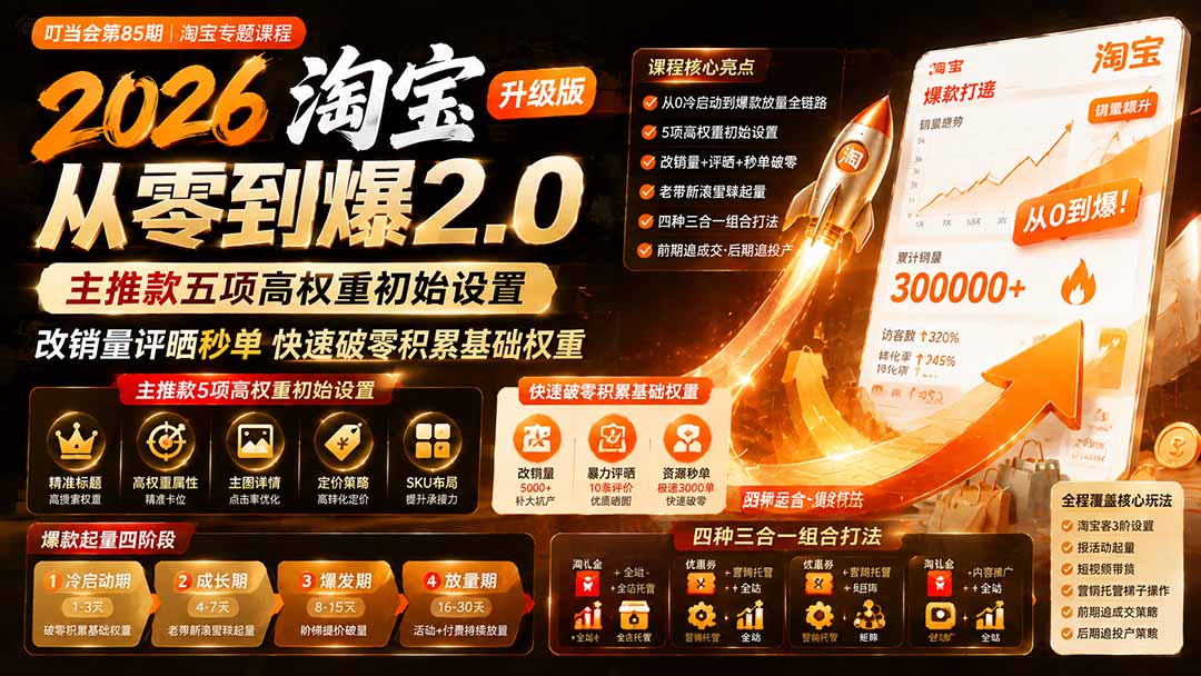 2026淘宝从零到爆2.0第85期；主推款五项高权重初始设置，改销量评晒秒单快速破零积累基础权重-优优云创网