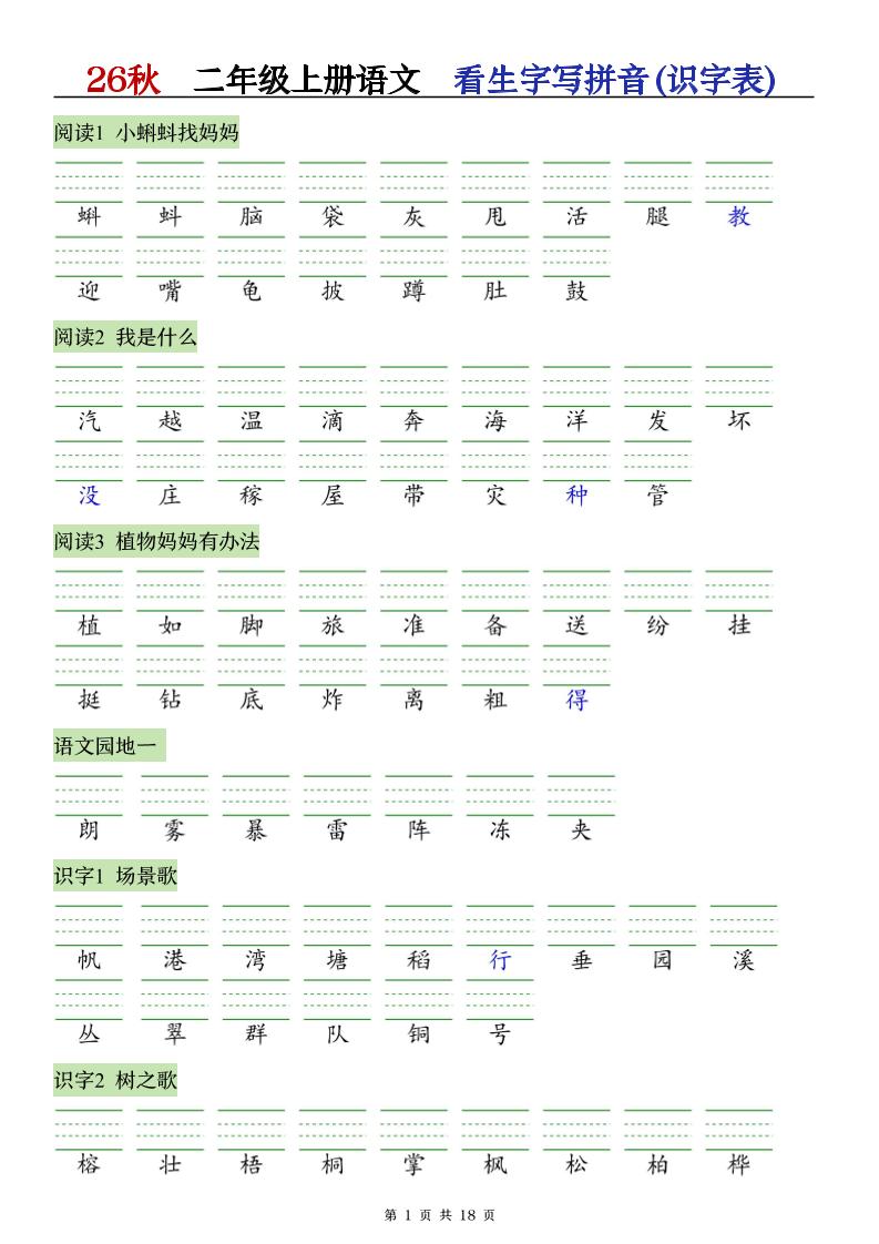26秋语文二上【识字注音+看拼音写词语】专练-优优云创网