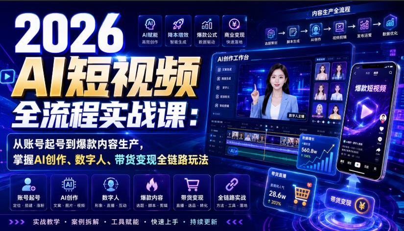 2026 AI短视频全流程实战课：从账号起号到爆款内容生产，掌握AI创作、数字人、带货变现全链路玩法-优优云创网
