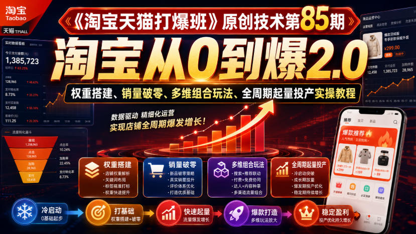《淘宝天猫打爆班》原创技术第85期，淘宝从0到爆2.0，权重搭建、销量破零、多维组合玩法、全周期起量投产实操教程-优优云创网