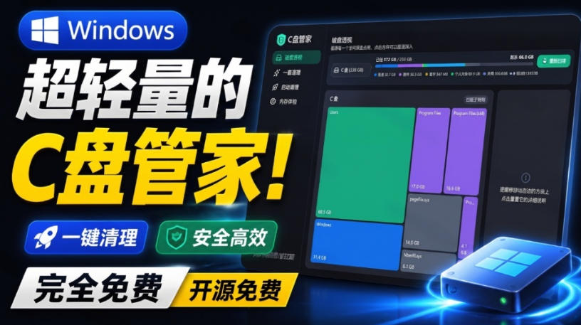 20260807122807800-e6915590f2984425d147fd7a9c323c3d Windows超轻量的C盘管家!超级有特点,支持磁盘分析及清理提醒,2M大小体积,完全免费C盘管家