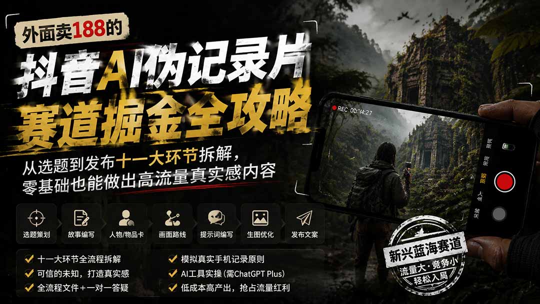 外面卖188的抖音AI伪记录片赛道掘金全攻略；从选题到发布十一大环节拆解，零基础也能做出高流量真实感内容-优优云创网