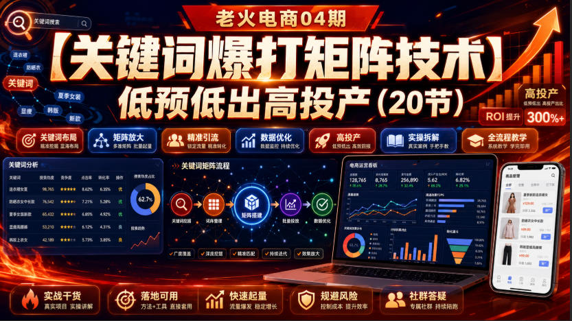 老火电商04期:【关键词爆打矩阵技术】低预低出高投产(20节)-优优云创网