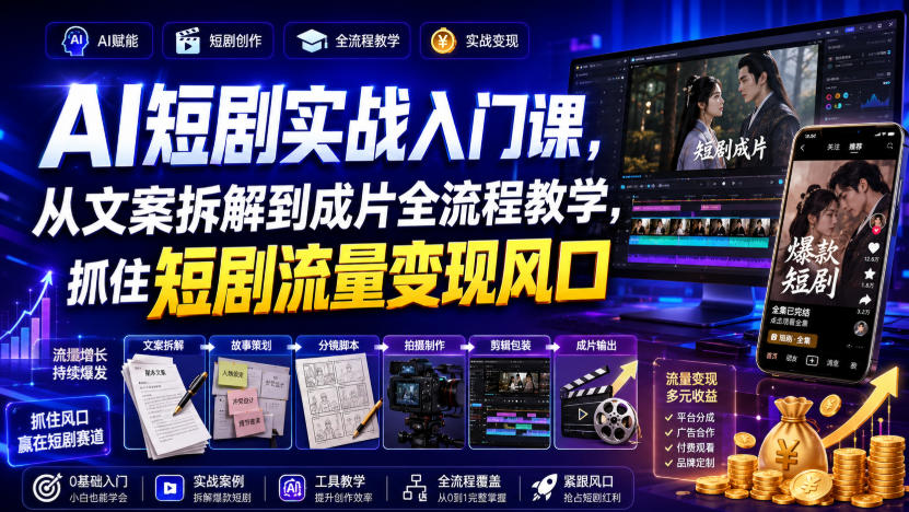 AI短剧实战入门课，从文案拆解到成片全流程教学，抓住短剧流量变现风口-优优云创网