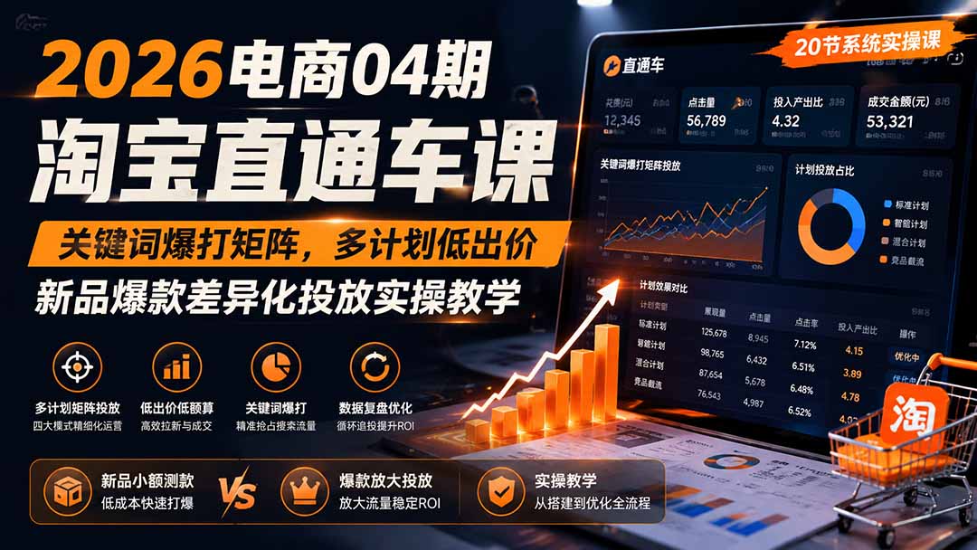 2026电商04期淘宝直通车课｜关键词爆打矩阵，多计划低出价，新品爆款差异化投放实操教学-优优云创网