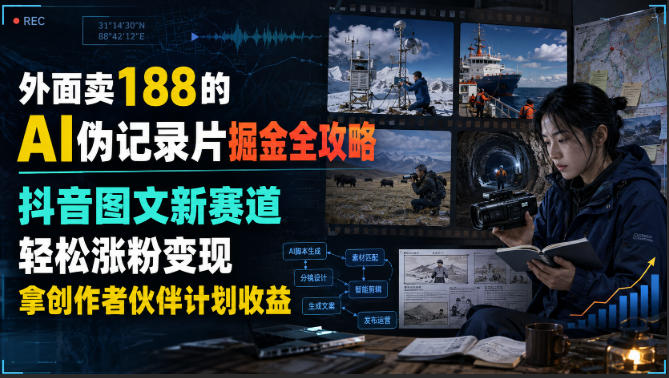 外面卖188的AI伪记录片掘金全攻略,抖音图文新赛道,轻松涨粉变现,拿创作者伙伴计划收益【文档】-优优云创网