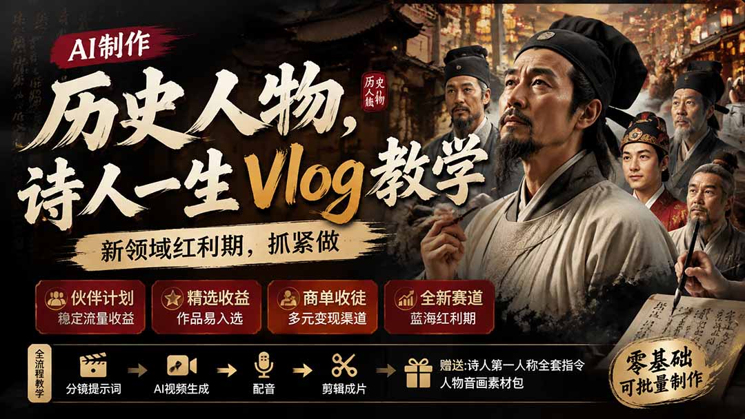 历史人物，诗人一生Vlog教学， AI制作丨伙伴计划丨精选收益丨商单收徒 ，新领域红利期，抓紧做-优优云创网