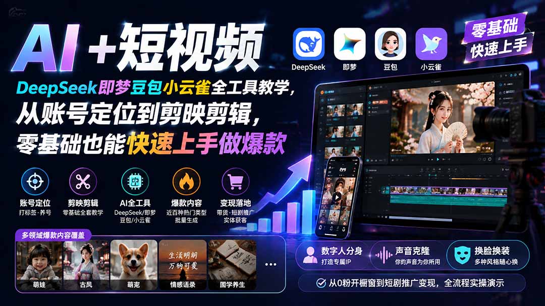 AI+短视频｜DeepSeek即梦豆包小云雀全工具教学，从账号定位到剪映剪辑，零基础也能快速上手做爆款-优优云创网
