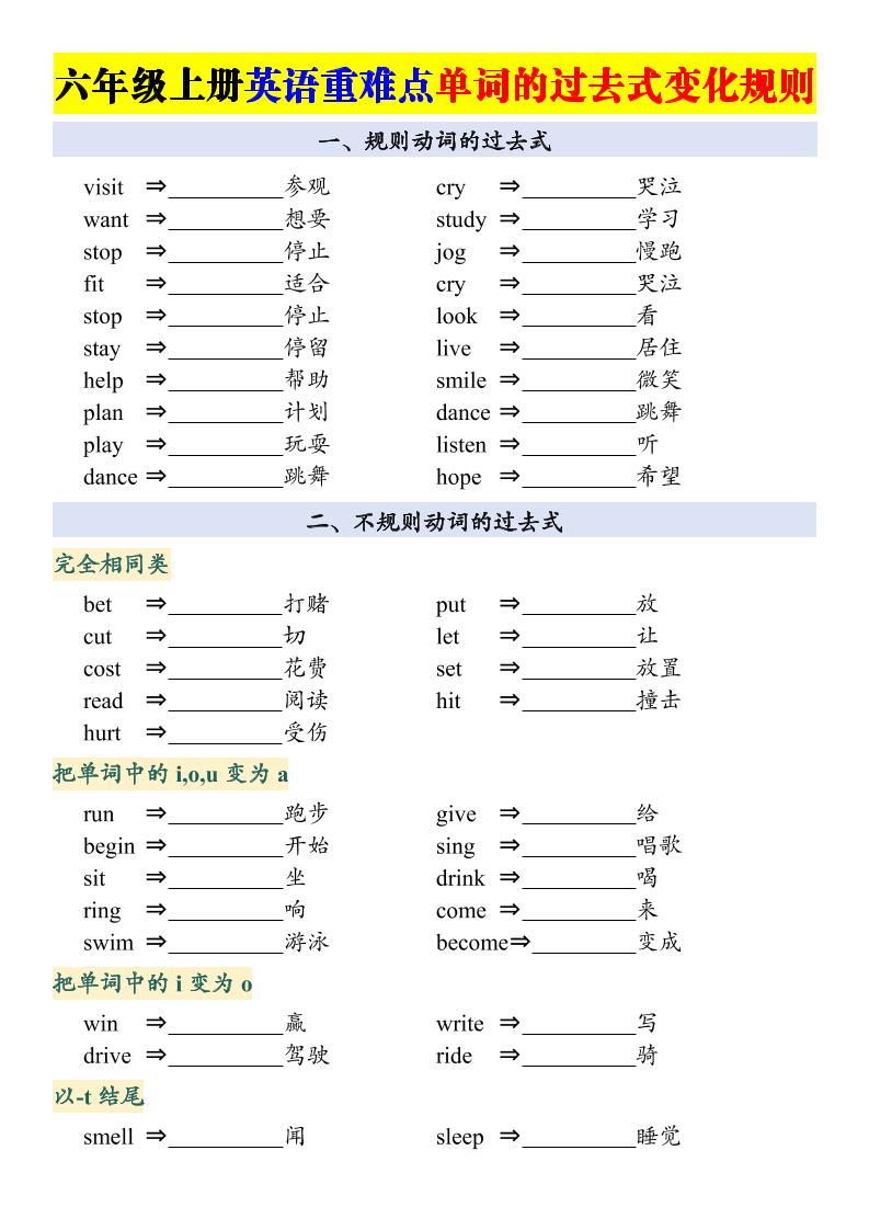 六上英语重点：动词的过去式变化专项-优优云创网