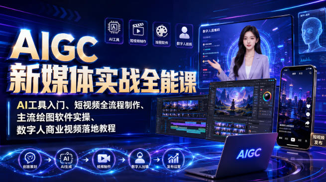 AIGC新媒体实战全能课|AI工具入门、短视频全流程制作、主流绘图软件实操、数字人商业视频落地教程-优优云创网