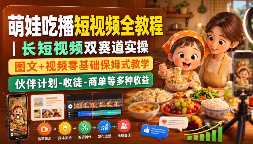 20260808120508614-be1155081cc2eff2d0617d1a53982701 萌娃吃播短视频全教程|长短视频双赛道实操,图文+视频零基础保姆式教学,伙伴计划-收徒-商单等多种变现方式