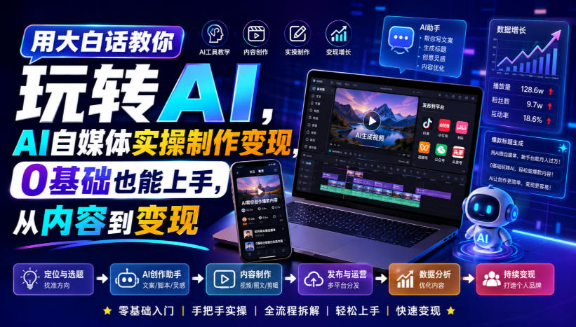 用大白话教你玩转AI,AI自媒体实操制作变现,0基础也能上手,从内容到变现-优优云创网
