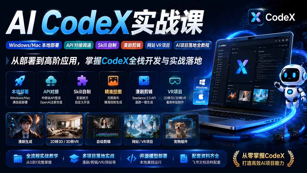 AI CodeX实战课|Windows/Mac 本地部署|API 对接调通|Skill 自制|漫剧剪辑|网站 VR 项目|AI项目落地全教程-优优云创网