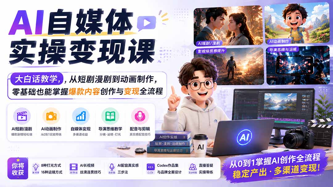 AI自媒体实操变现课|大白话教学,从短剧漫剧到动画制作,零基础也能掌握爆款内容创作与变现全流程-优优云创网
