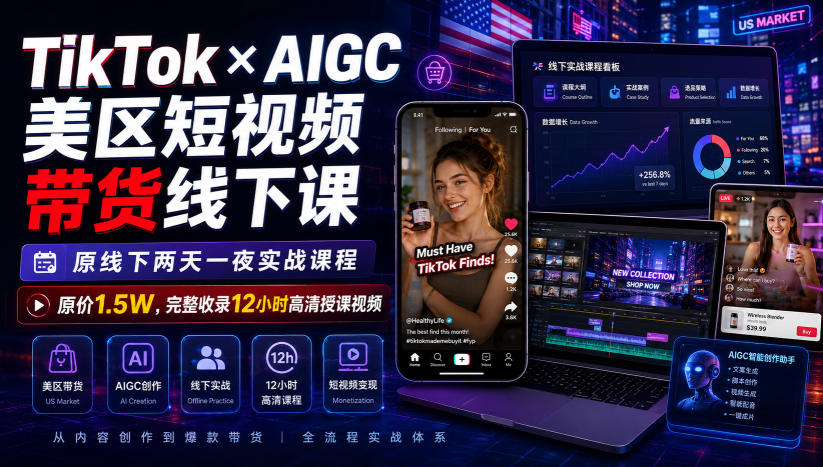 TikTok×AIGC美区短视频带货线下课,原线下两天一夜实战课程,原价1.5W,完整收录12小时高清授课视频-优优云创网
