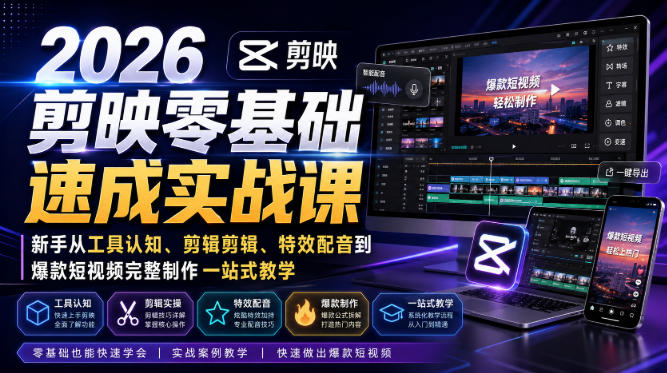 20260809121909406-6ce299ad42e1a3c0a1cdb3ff14c44a8d 2026剪映零基础速成实战课|新手从工具认知、剪辑剪辑、特效配音到爆款短视频完整制作一站式教学
