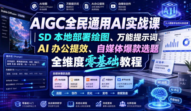 AIGC全民通用AI实战课|SD本地部署绘图、万能提示词、AI办公提效、自媒体爆款选题全维度零基础教程-优优云创网