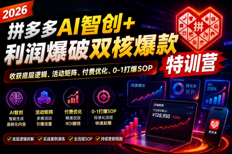 2026拼多多AI智创+利润爆破双核爆款特训营,收获底层逻辑、活动矩阵、付费优化、0-1打爆SOP(更新0810)-优优云创网