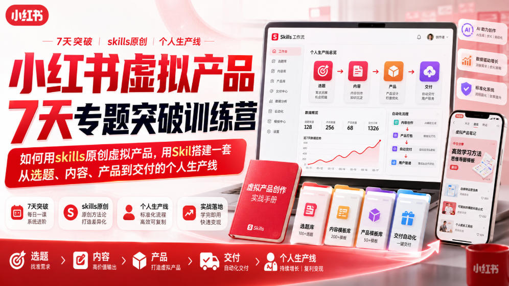 20260810122437423-193538291d59b59943efb2574f10d59f 小红书虚拟产品7天专题突破训练营,如何用skills原创虚拟产品,用Skil搭建一套从选题、内容、产品到交付的个人生产线