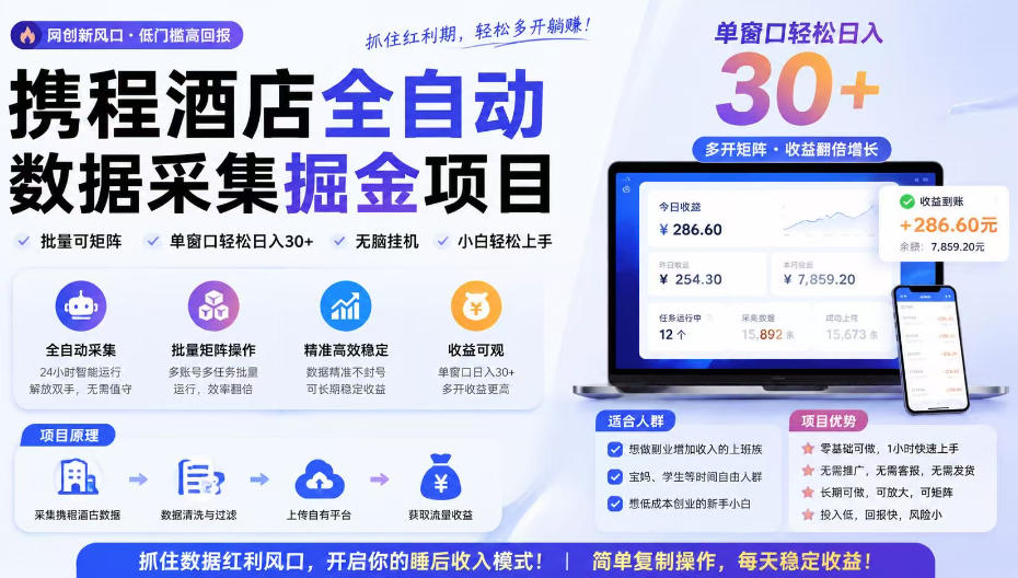 携程酒店采集挂G项目，批量可矩阵，单机轻松日入300+，开启你的睡后收入模式!【揭秘】-优优云创网