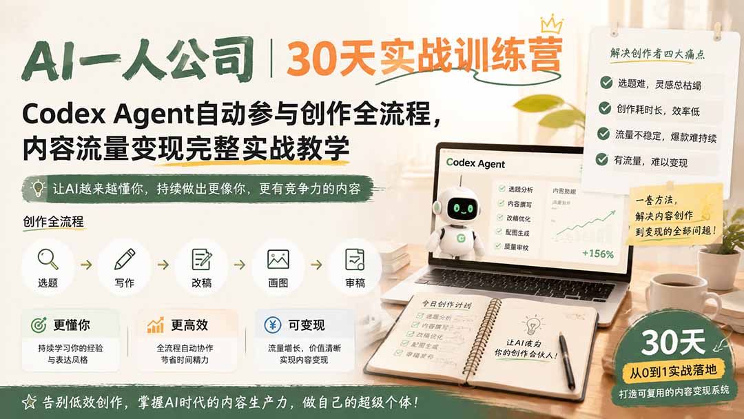AI一人公司|30天实战训练营;Codex Agent自动参与创作全流程,内容流量变现完整实战教学-优优云创网