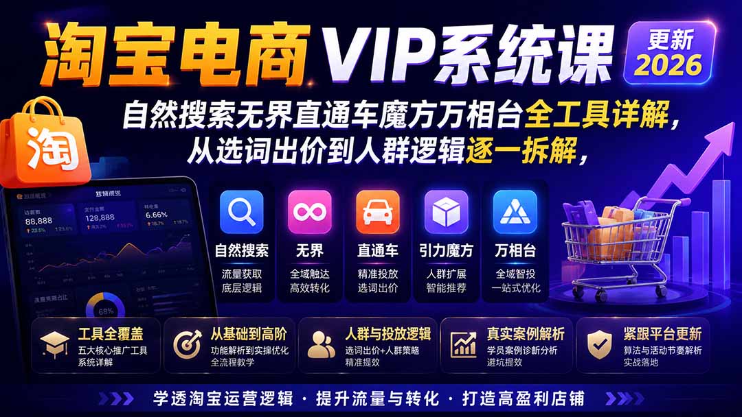 淘宝电商VIP系统课-更新8月；自然搜索无界直通车魔方万相台全工具详解，从选词出价到人群逻辑逐一拆解-优优云创网