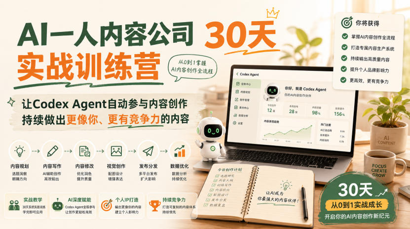 AI一人内容公司30天实战训练营,让Codex Agent自动参与内容创作持续做出更像你、更有竞争力的内容-优优云创网