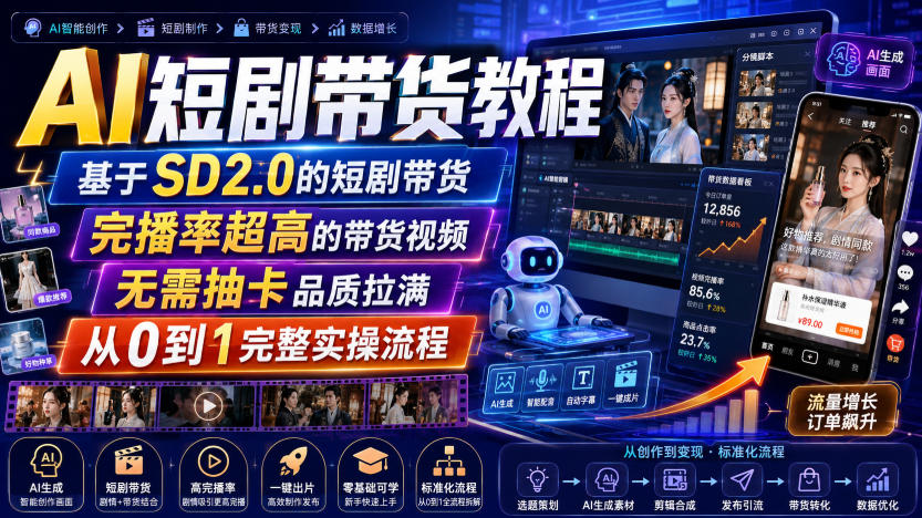 AI短剧带货教程,基于SD2.0的短剧带货,完播率超高的带货视频,无需抽卡品质拉满,从0到1完整实操流程-优优云创网