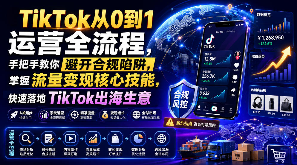 TikTok从0到1运营全流程,手把手教你避开合规陷阱,掌握流量变现核心技能,快速落地TikTok出海生意(更新8月)-优优云创网