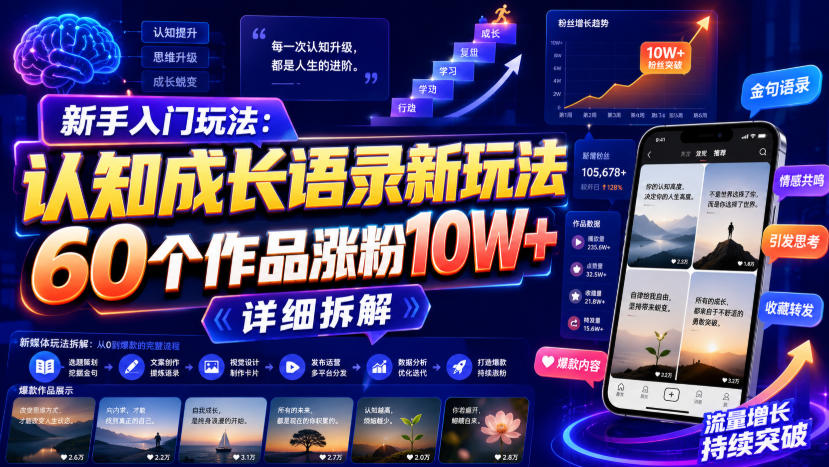 新手入门玩法:认知成长语录新玩法,60个作品涨粉10W+,详细拆解-优优云创网