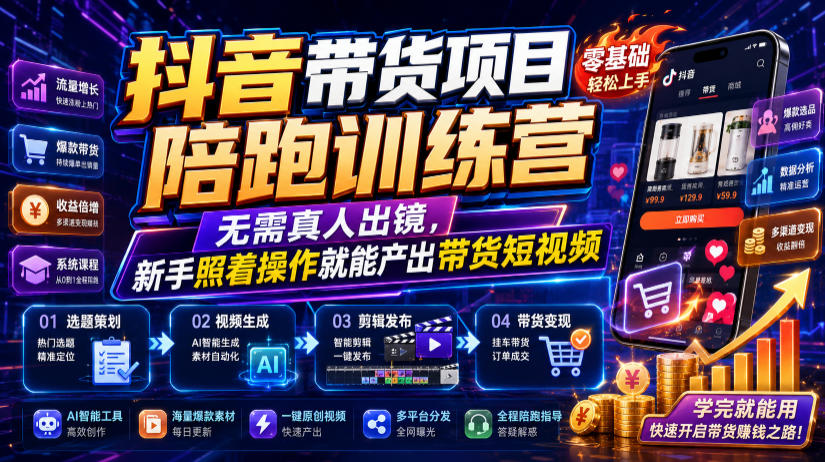 抖音带货项目陪跑训练营,无需真人出镜,新手照着操作就能产出带货短视频(更新0811)-优优云创网