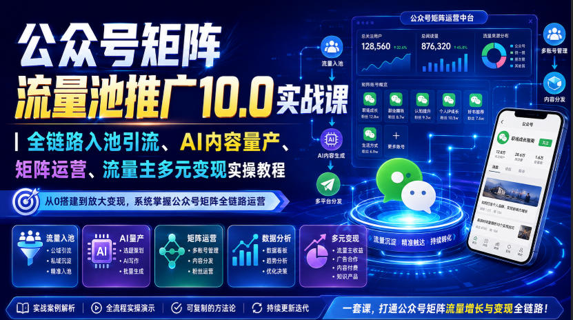 公众号矩阵流量池推广10.0实战课|全链路入池引流、AI内容量产、矩阵运营、流量主多元变现实操教程-优优云创网
