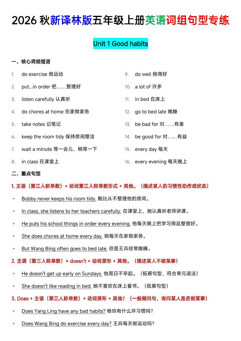 新译林版五年级上册英语U1-U8词组句型专项训练-优优云创网