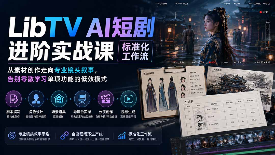 LibTV AI短剧进阶实操课标准化工作流；从素材创作走向专业镜头叙事，告别零散学习单项功能的低效模式-优优云创网