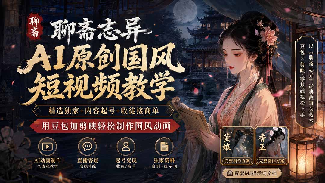聊斋志异AI原创国风短视频教学；精选独家+内容起号+收徒接商单，用豆包加剪映轻松制作国风动画-优优云创网