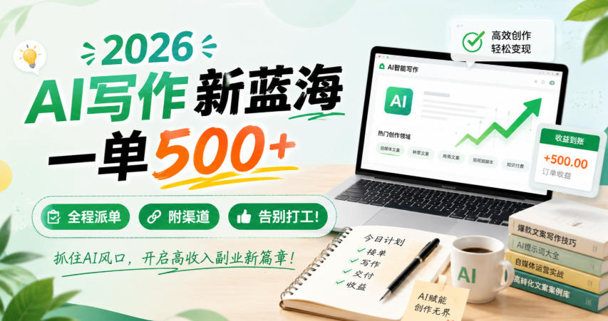 2026 AI写作新蓝海，一单500+，全程派单，附渠道，告别打工！【揭秘】-优优云创网