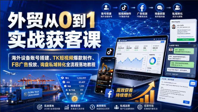 外贸从0到1实战获客课｜海外设备账号搭建、TK短视频爆款制作、FB广告投放、询盘私域转化全流程落地教程-优优云创网