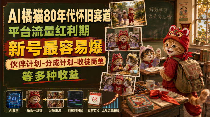 AI橘猫80年代怀旧赛道，平台流量红利期，新号最容易爆，伙伴计划-分成计划-收徒商单等多种收益-优优云创网