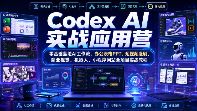 Codex AI实战应用营|零基础落地AI工作流,办公表格PPT、短视频漫剧、商业视觉、机器人、小程序网站全项目实战教程-优优云创网