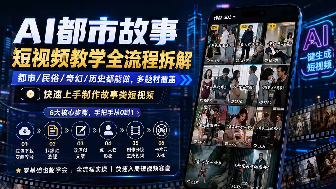 AI都市故事短视频教学全流程拆解；都市/民俗/奇幻/历史都能做多题材覆盖，快速上手制作故事类短视频-优优云创网