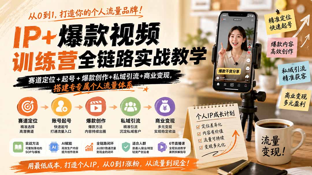 IP+爆款视频训练营全链路实战教学；赛道定位+起号+爆款创作+私域引流+商业变现，搭建专属个人流量体系-优优云创网