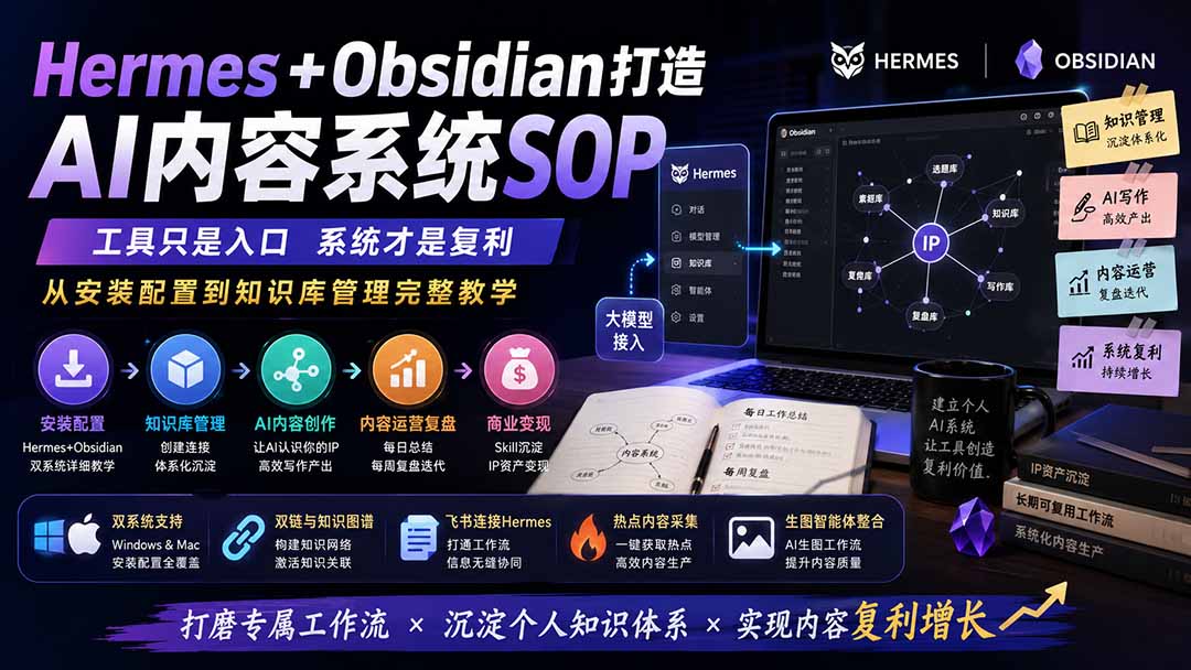 Hermes+Obsidian打造AI内容系统SOP；工具只是入口系统才是复利，从安装配置到知识库管理完整教学-优优云创网