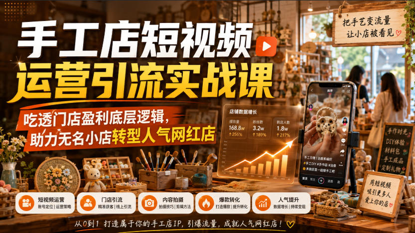 手工店短视频运营引流实战课，吃透门店盈利底层逻辑，助力无名小店转型人气网红店-优优云创网