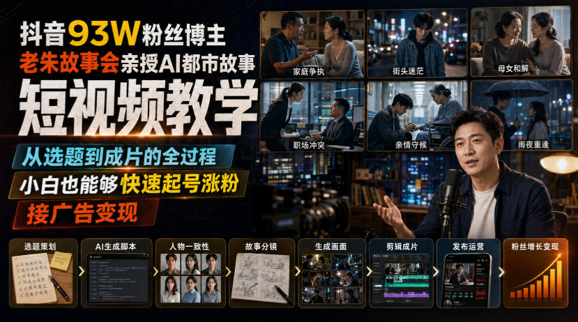 20260813142032434-2591d6692680f69a24e5cbd241c5797c 抖音93W粉丝博主老朱故事会亲授AI都市故事短视频教学,从选题到成片的全过程,小白也能够快速起号涨粉接广告变现