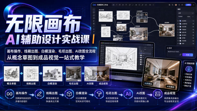 20260813163316230-27c2e5f18972fabafc7ec9348c82910b 无限画布AI辅助设计实战课|画布操作、线稿出图、白模渲染、毛坯出图、AI改图全流程,从概念草图到成品视觉一站式教学