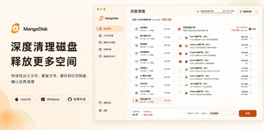 20260814102816173-b193a10e4688079b4988279abae23868 在Gtihub上做出10万stars的大神,又发布新项目了!一键让磁盘更干净,开源免费清理工具MangoDisk