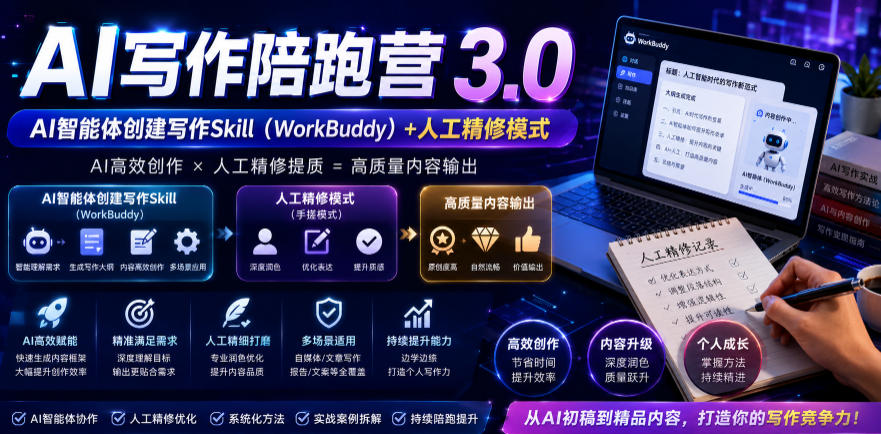 AI写作陪跑营3.0，Ai智能体创建写作skill(workbuddy)+人工手写模式(手搓模式)，去除AI痕迹(头条号、公众号、百家号)(更新0814)-优优云创网