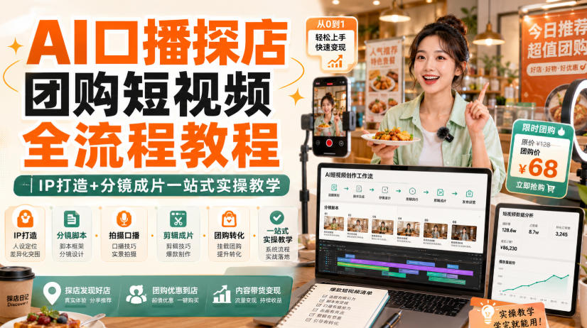 AI口播探店团购短视频全流程教程｜IP打造+分镜成片一站式实操教学-优优云创网